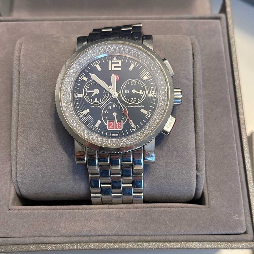 Michele Silver and Black Chronograph Watch